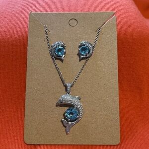 Sterling Silver Dolphin Necklace Set with Blue Crystals 925